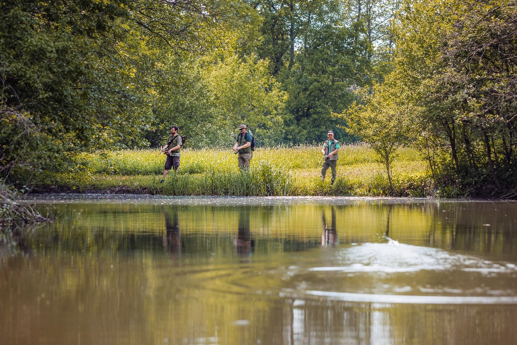 Three anglers fly fishing along a tree-lined lake bank, reflections on the water